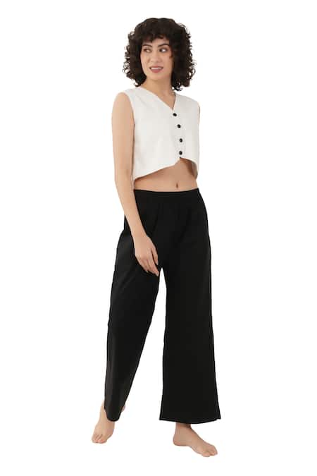 Buy_Khat_Off White , , Linen, V-neck Buttoned Top And Pant Set _Online_at_Aza_Fashions