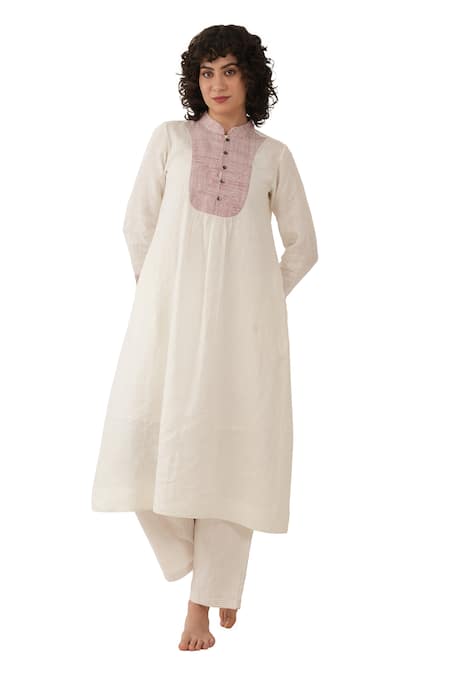 Shop_Khat_Off White Linen Embroidery Mandarin Collar Kurta And Pant Set _Online_at_Aza_Fashions