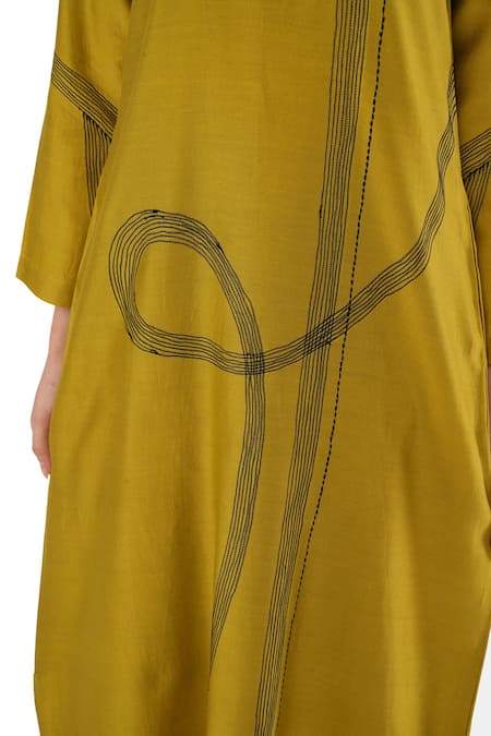 Khat_Olive Green Chanderi Silk Embroidery Round Neck Dress _Online_at_Aza_Fashions