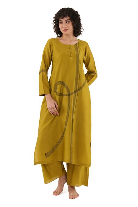 Khat_Olive Green Chanderi Silk Embroidery Round Neck Straight Kurta Set _at_Aza_Fashions
