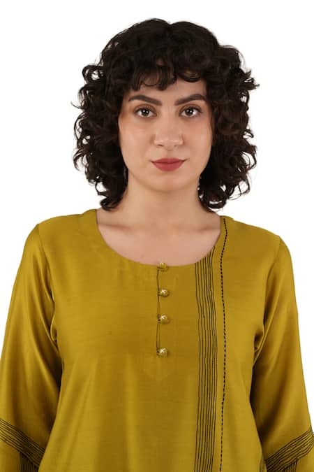 Shop_Khat_Olive Green Chanderi Silk Embroidery Round Neck Straight Kurta Set 