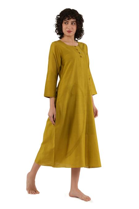 Buy_Khat_Olive Green Chanderi Silk Embroidery Round Neck Dress _Online_at_Aza_Fashions