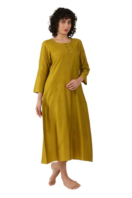 Shop_Khat_Olive Green Chanderi Silk Embroidery Round Neck Dress _Online_at_Aza_Fashions