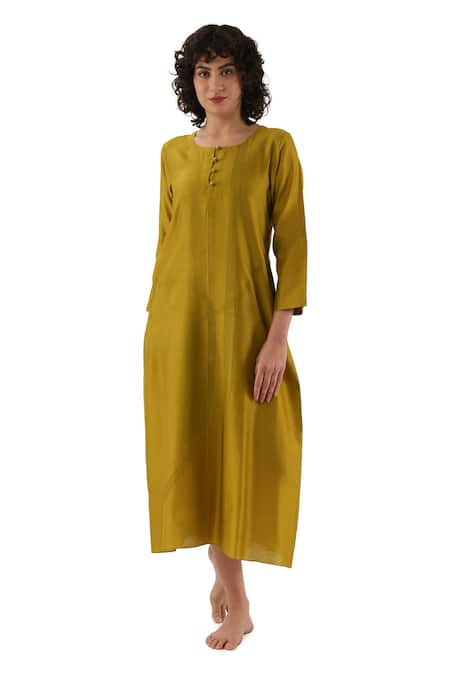 Khat_Olive Green Chanderi Silk Embroidery Round Neck Dress _at_Aza_Fashions