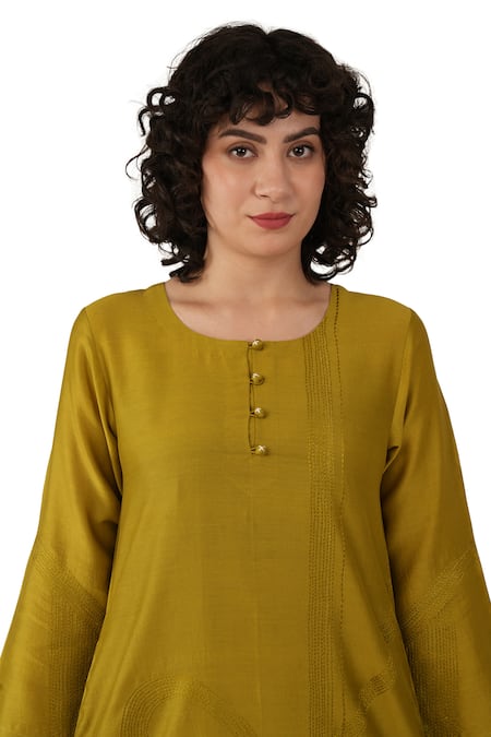Buy_Khat_Olive Green Chanderi Silk Embroidery Round Neck Dress 
