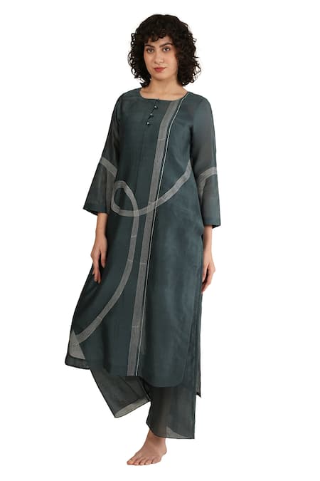 Khat_Green Chanderi Silk Embroidery Round Neck, Yes Kurta Set _Online_at_Aza_Fashions