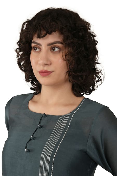 Buy_Khat_Green Chanderi Silk Embroidery Round Neck, Yes Kurta Set 