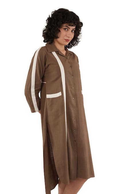 Buy_Khat_Brown Handloom Cotton Collared, Yes Hand Woven Asymmetrical Kurta _Online_at_Aza_Fashions