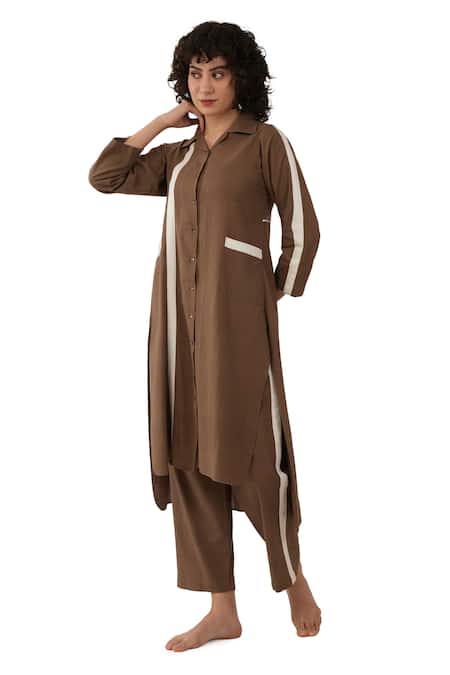 Buy_Khat_Brown Cotton Collared, Yes Handwoven Kurta And Pant Set _Online_at_Aza_Fashions