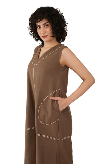 Buy_Khat_Brown Handloom Cotton Embroidery V-neck Handwoven Jumpsuit _Online_at_Aza_Fashions