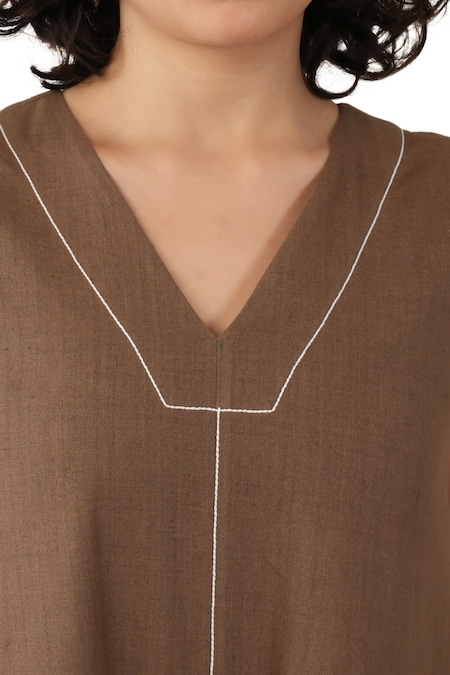 Khat_Brown Handloom Cotton Embroidery V-neck Handwoven Jumpsuit _at_Aza_Fashions
