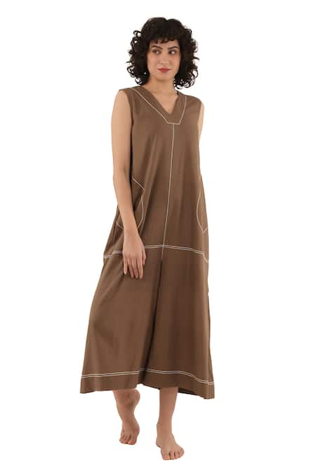 Buy_Khat_Brown Handloom Cotton Embroidery V-neck Handwoven Jumpsuit 