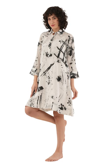 Khat_Black Silk Collared Abstract Print Dress _at_Aza_Fashions