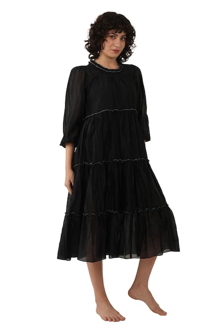 Buy_Khat_Black Chanderi Silk Piping Round Neck Frilled Midi Dress _Online_at_Aza_Fashions