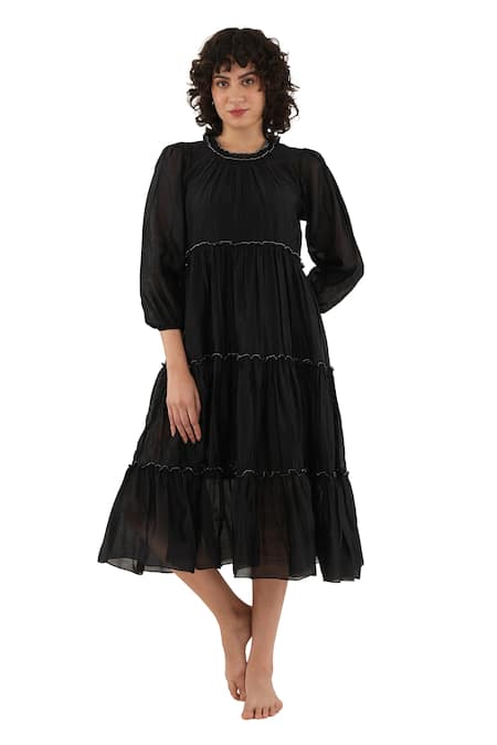 Shop_Khat_Black Chanderi Silk Piping Round Neck Frilled Midi Dress _Online_at_Aza_Fashions