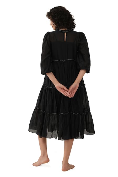Khat_Black Chanderi Silk Piping Round Neck Frilled Midi Dress _at_Aza_Fashions