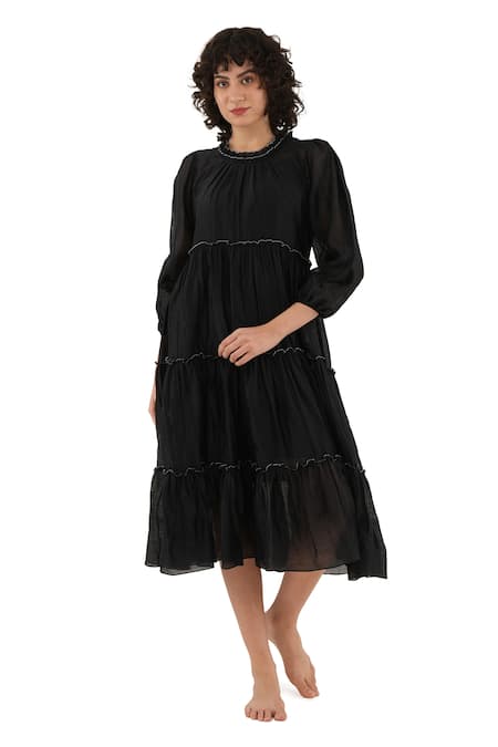 Shop_Khat_Black Chanderi Silk Piping Round Neck Frilled Midi Dress 
