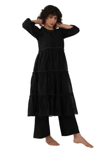 Shop_Khat_Black Chanderi Silk Round Neck, Yes Kurta Set _Online_at_Aza_Fashions