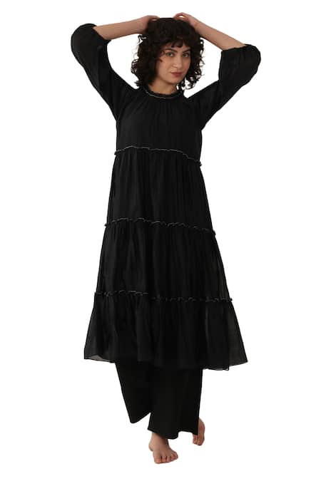 Khat_Black Chanderi Silk Sequins Round Neck Frilled Kurta Set _Online_at_Aza_Fashions
