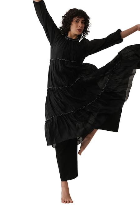 Buy Khat Black Chanderi Silk Sequins Round Neck Frilled Kurta Set Online at Aza Fashions Buy_Khat_Black Chanderi Silk Sequins Round Neck Frilled Kurta Set _Online_at_Aza_Fashions