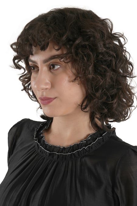 Buy Khat Black Chanderi Silk Sequins Round Neck Frilled Kurta Set Buy_Khat_Black Chanderi Silk Sequins Round Neck Frilled Kurta Set