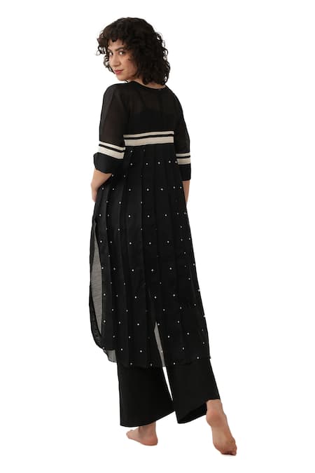 Shop_Khat_Black Chanderi Silk Round Neck, Yes Contrast Yoke Kurta Set _Online_at_Aza_Fashions