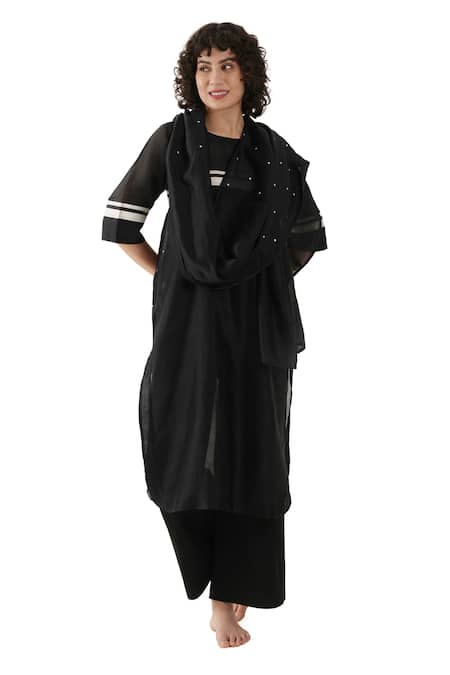 Buy_Khat_Black Cotton, Tencel Round Neck Striped Kurta Set _Online_at_Aza_Fashions