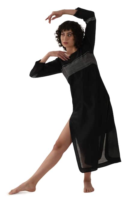 Buy_Khat_Black Chanderi Silk Embroidery Contrast Yoke Dress _Online_at_Aza_Fashions
