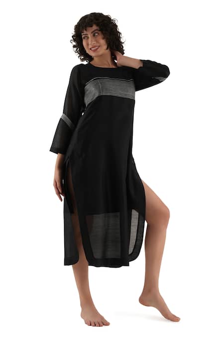 Shop_Khat_Black Chanderi Silk Embroidery Contrast Yoke Dress _Online_at_Aza_Fashions