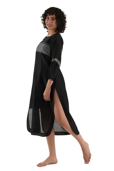 Khat_Black Chanderi Silk Embroidery Contrast Yoke Dress _at_Aza_Fashions
