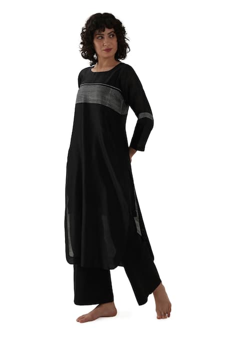 Buy_Khat_Black Chanderi Silk Embroidery Round Neck, Yes Kurta And Pant Set _Online_at_Aza_Fashions