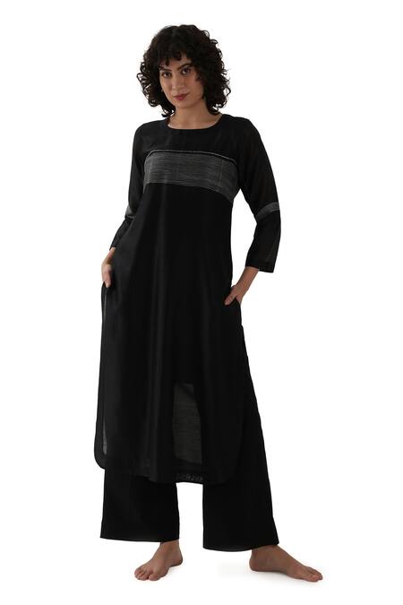 Shop_Khat_Black Chanderi Silk Embroidery Round Neck, Yes Kurta And Pant Set _Online_at_Aza_Fashions