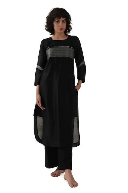 Buy_Khat_Black Chanderi Silk Embroidery Round Neck, Yes Kurta And Pant Set 