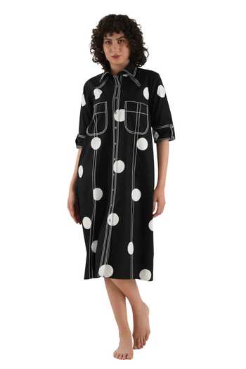 Khat_Black Poplin, Cotton Embroidery Collared Polka Print Dress _Online_at_Aza_Fashions