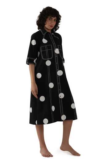 Buy_Khat_Black Poplin, Cotton Embroidery Collared Polka Print Dress _Online_at_Aza_Fashions
