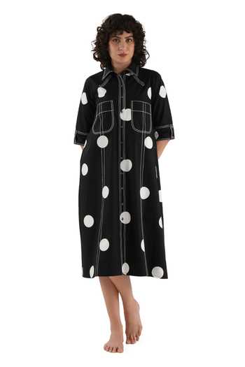 Shop_Khat_Black Poplin, Cotton Embroidery Collared Polka Print Dress _Online_at_Aza_Fashions