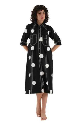 Khat_Black Poplin, Cotton Embroidery Collared Polka Print Dress _at_Aza_Fashions