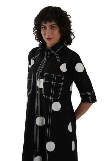 Buy_Khat_Black Poplin, Cotton Embroidery Collared Polka Print Dress 