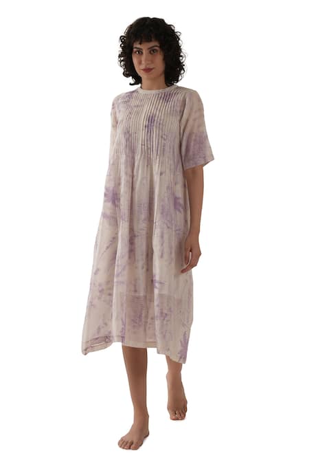 Khat_Purple Chanderi Silk Round Neck Pintuck Midi Dress _Online_at_Aza_Fashions