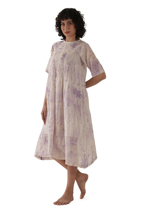 Buy_Khat_Purple Chanderi Silk Round Neck Pintuck Midi Dress _Online_at_Aza_Fashions