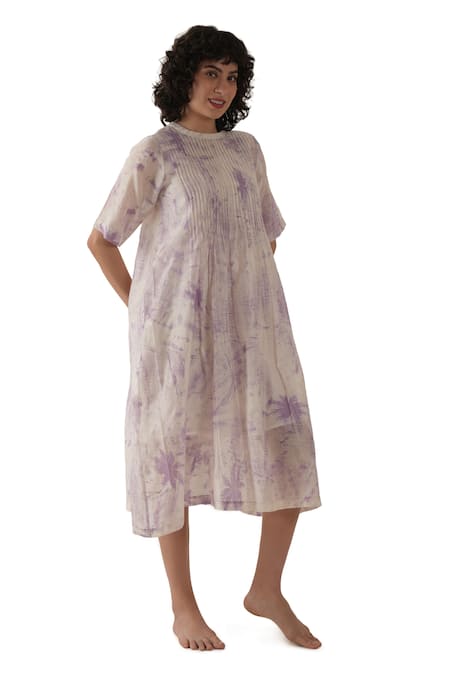 Shop_Khat_Purple Chanderi Silk Round Neck Pintuck Midi Dress _Online_at_Aza_Fashions