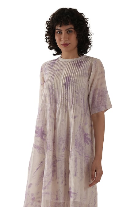 Buy_Khat_Purple Chanderi Silk Round Neck Pintuck Midi Dress 