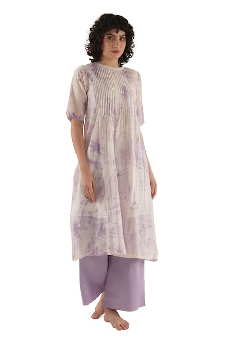 Khat_Purple Chanderi Silk Round Neck, Yes Marble Pattern Kurta Set _Online_at_Aza_Fashions