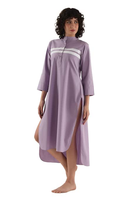 Buy_Khat_Purple Cotton, Poplin Mandarin Collar, Yes Stripe Pattern Yoke Dress _Online_at_Aza_Fashions