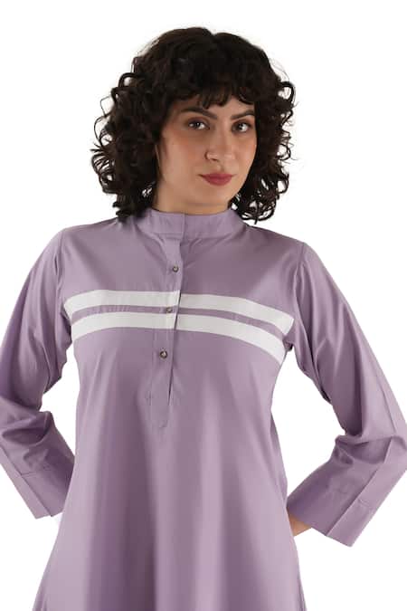 Shop_Khat_Purple Cotton, Poplin Mandarin Collar, Yes Stripe Pattern Yoke Dress _Online_at_Aza_Fashions