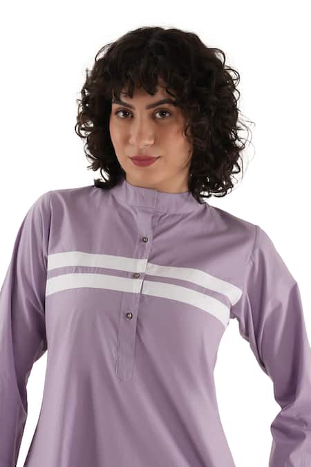 Khat_Purple Cotton, Poplin Mandarin Collar, Yes Stripe Pattern Yoke Dress _at_Aza_Fashions