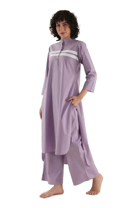Khat_Purple Cotton, Poplin Mandarin Collar, Yes Straight Kurta And Pant Set _Online_at_Aza_Fashions