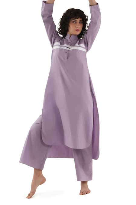 Buy_Khat_Purple Cotton, Poplin Mandarin Collar, Yes Straight Kurta And Pant Set _Online_at_Aza_Fashions