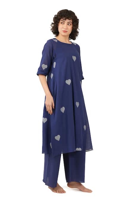 Shop_Khat_Blue Cotton Round Neck Heart Print Kurta Set _Online_at_Aza_Fashions