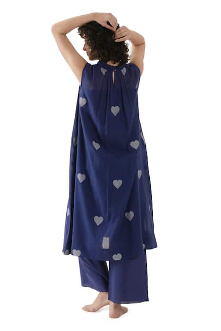 Shop_Khat_Blue Handloom Cotton Round Neck, Yes Hand Woven Jamdani Kurta Set 